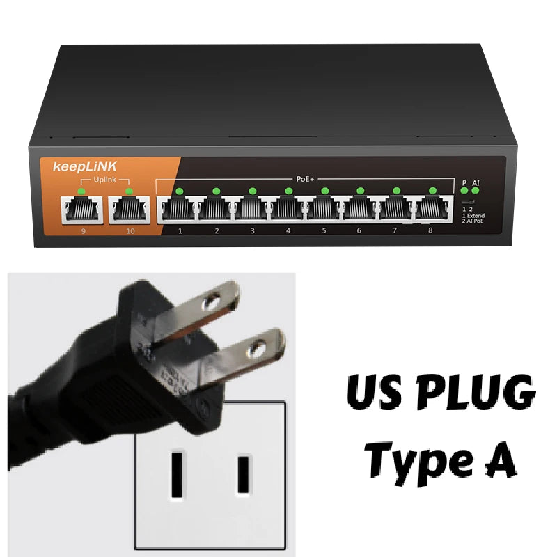 KeepLiNK 10-Port Gigabit Switch with 8-PoE and 2-RJ45 for Uplink Unmanaged Plug and Play