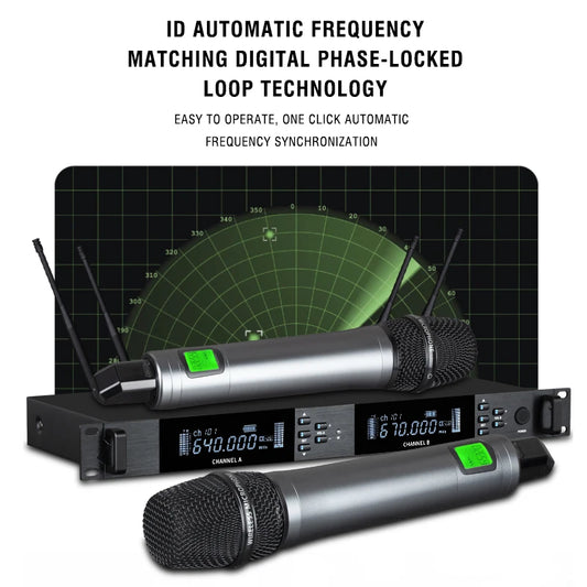 UHF Professional Wireless Microphone 2-channel Metal Handheld  Karaoke Singing Stage Wedding Performance Conference Microphone