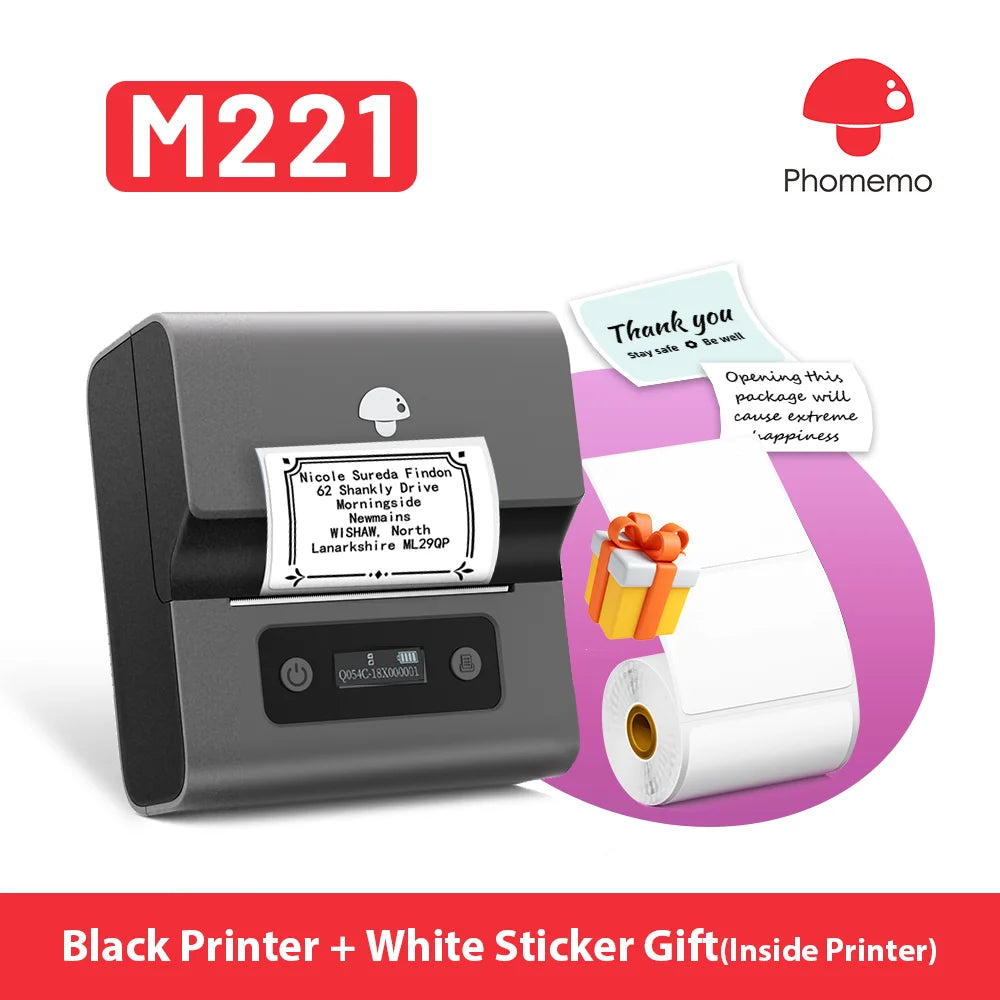 Phomemo M221 Label Printer Portable Thermal Maker Bluetooth Handheld Barcode QR Code Sticker Paper Rolls Labeller White 75mm Tag