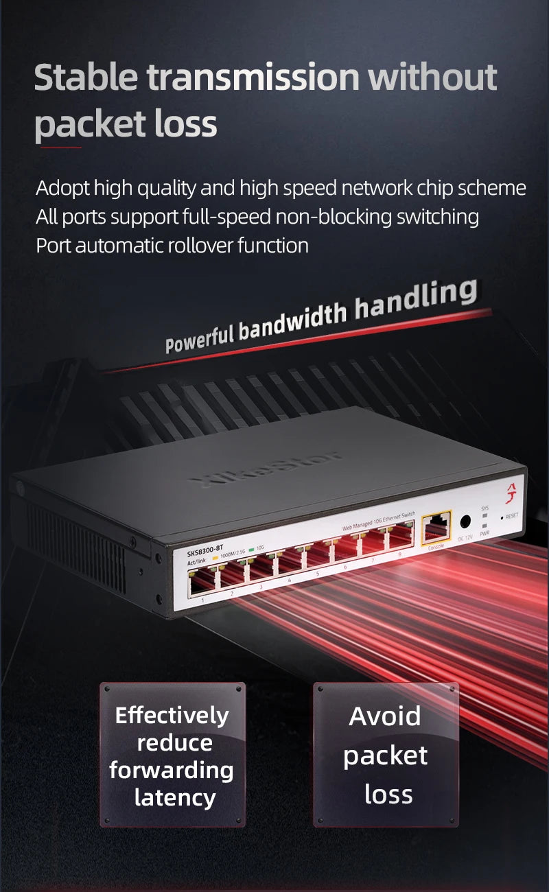 XikeStor 8-Port 10G RJ45 L3 Managed  with Fan Support 1G/2.5G/10G DHCP/VLAN/Port Aggregation/Routing Function