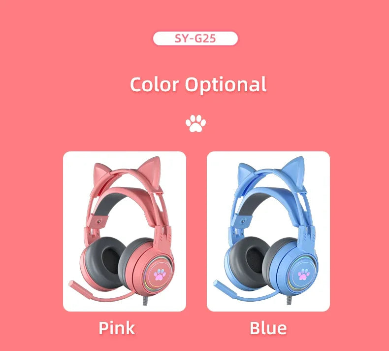 Cat Ears Headphones with Microphone For PS5 HiFi Stereo Bass Headset Gamer Girls RGB Black Pink Helmet for PC Laptop Phone Xbox