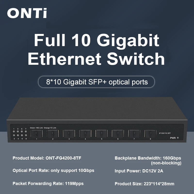 ONTi 10Gb SFP+ Ethernet Switch 8 Ports Full 10000Mbps Optical SFP+ Network Switch Plug and Play Home Lab Unmanaged Switch