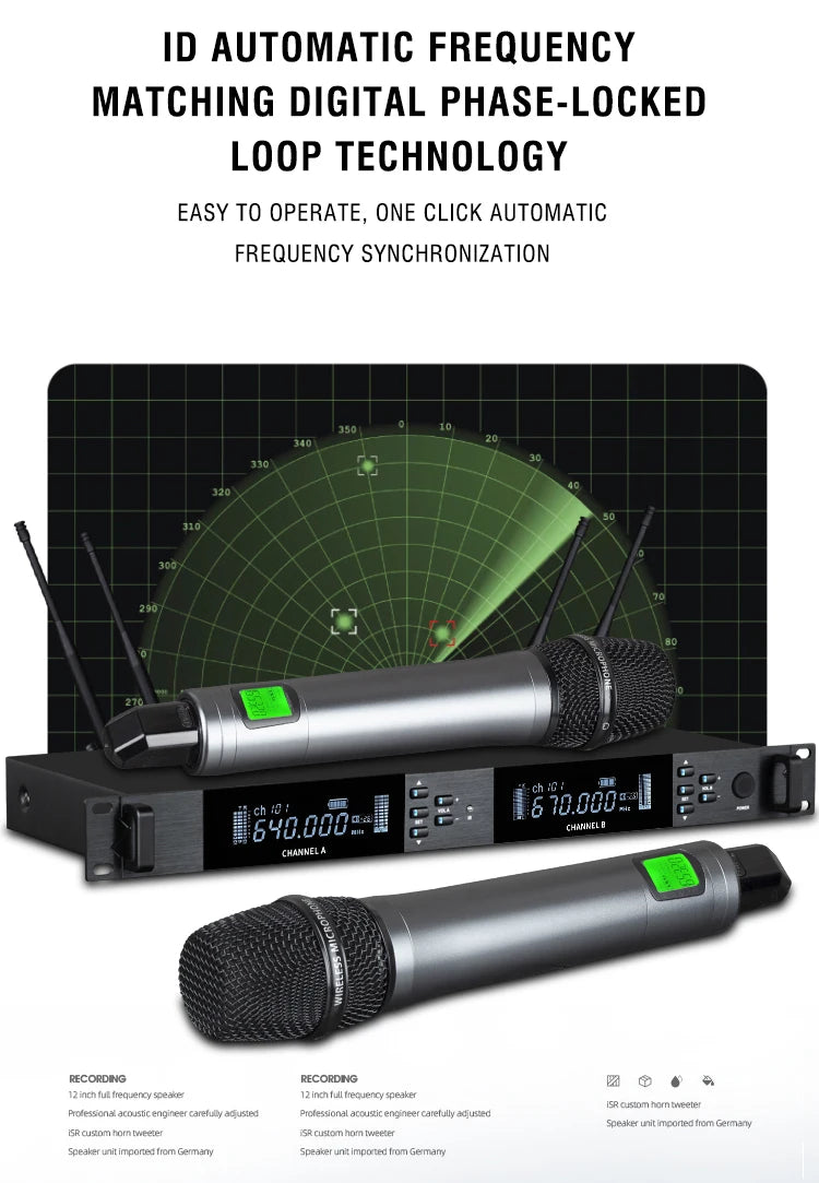 UHF Professional Wireless Microphone 2-channel Metal Handheld  Karaoke Singing Stage Wedding Performance Conference Microphone