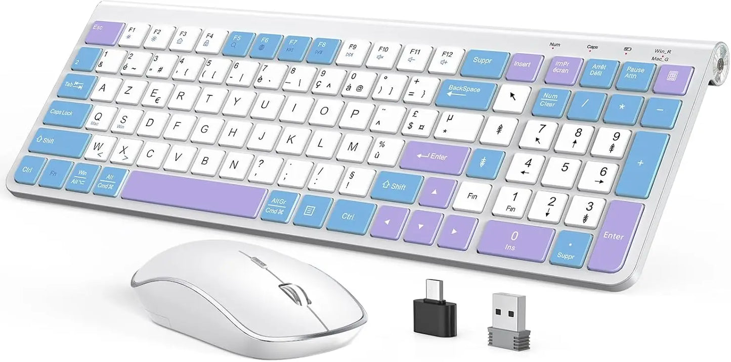 Ergonomic wireless keyboard and mouse, AZERTY, France, quiet and portable, including USB-A and USB-C ports, suitable for Mac/PC/