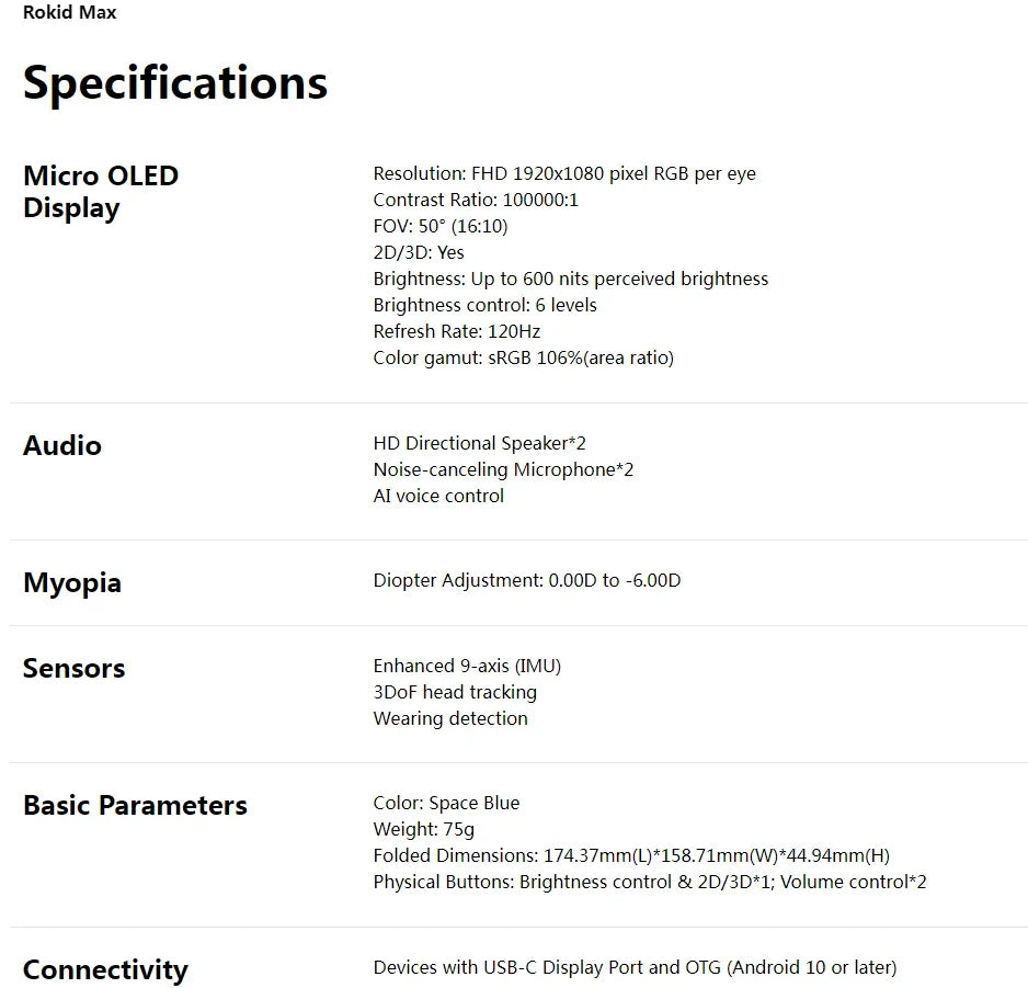 Rokid Max AR Smart Glasses Micro OLED 3D 215”Max Giant Screen Theater Viewing For Phones/Switch/PS5/Xbox/PC
