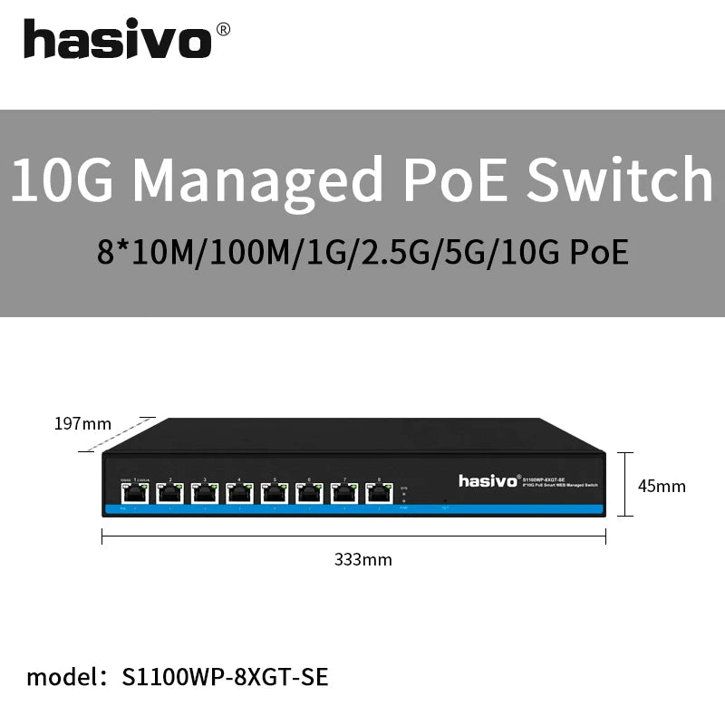 Hasivo All 10 Gigabit PoE or Without PoE Ethernet Switch 8*10gbps RJ45 Port Network Plug and Play 10gbe 10gb 10000mbps