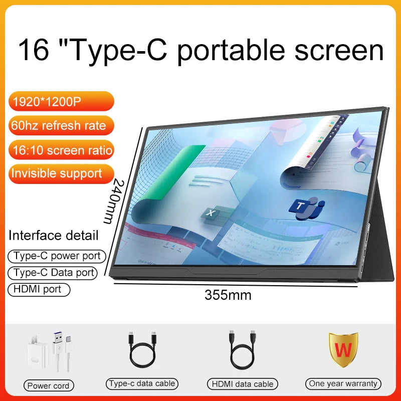 LANLIPU 16inch Portable Monitor 120HZ 1200P 16:10 100%sRGB HDR 400Cd/m² Game Display For Laptop Macbook Phone Switch Xbox PS4/5