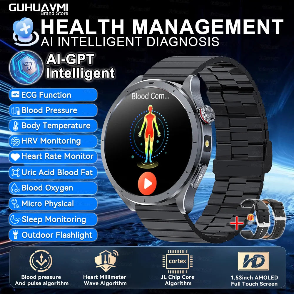 2025 New Body Fat Analysis Health Smart Watch ECG+PPG Uric Acid Blood Pressure Blood Oxygen Clock Call Smart Watch For Men Women
