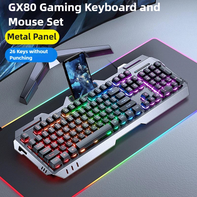 Gaming Wired Mechanical Keyboard Mouse Set Rainbow Glow Backlight 104 Keys Metal Panel Mechanical Keyboard for Laptop Desktop