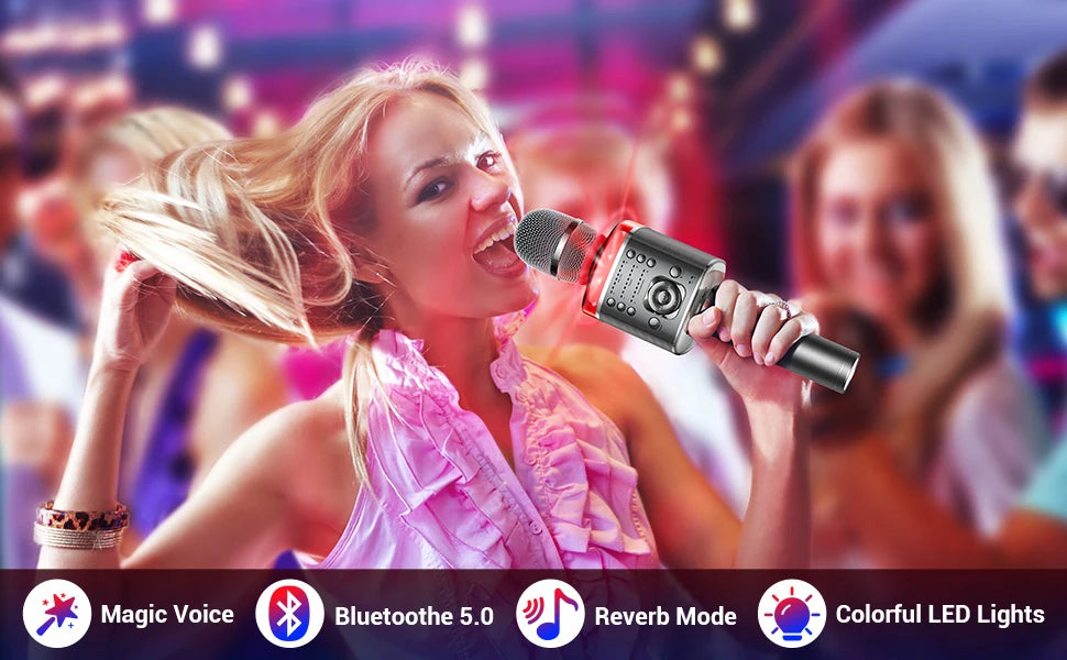 Karaoke Microphone Bluetooth Wireless Mic with Magic Sound LED Light Portable Singing Machine for Home KTV Party Adult/Kid Gift