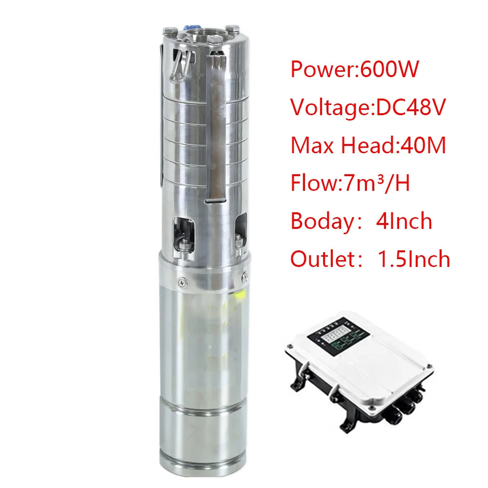 600W DC48V Solar Deep Well Pump with MPPT Controller 100% Stainless Steel Impeller Solar PV Submersible Pump 4"MaxFlow 7m³/H 40M