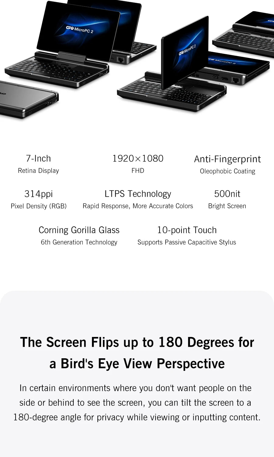 GPD MicroPC 2 Handheld Mini Laptop 7 Inch Touch Screen 16GB RAM 512GB SSD N300 CPU Windows 11 System