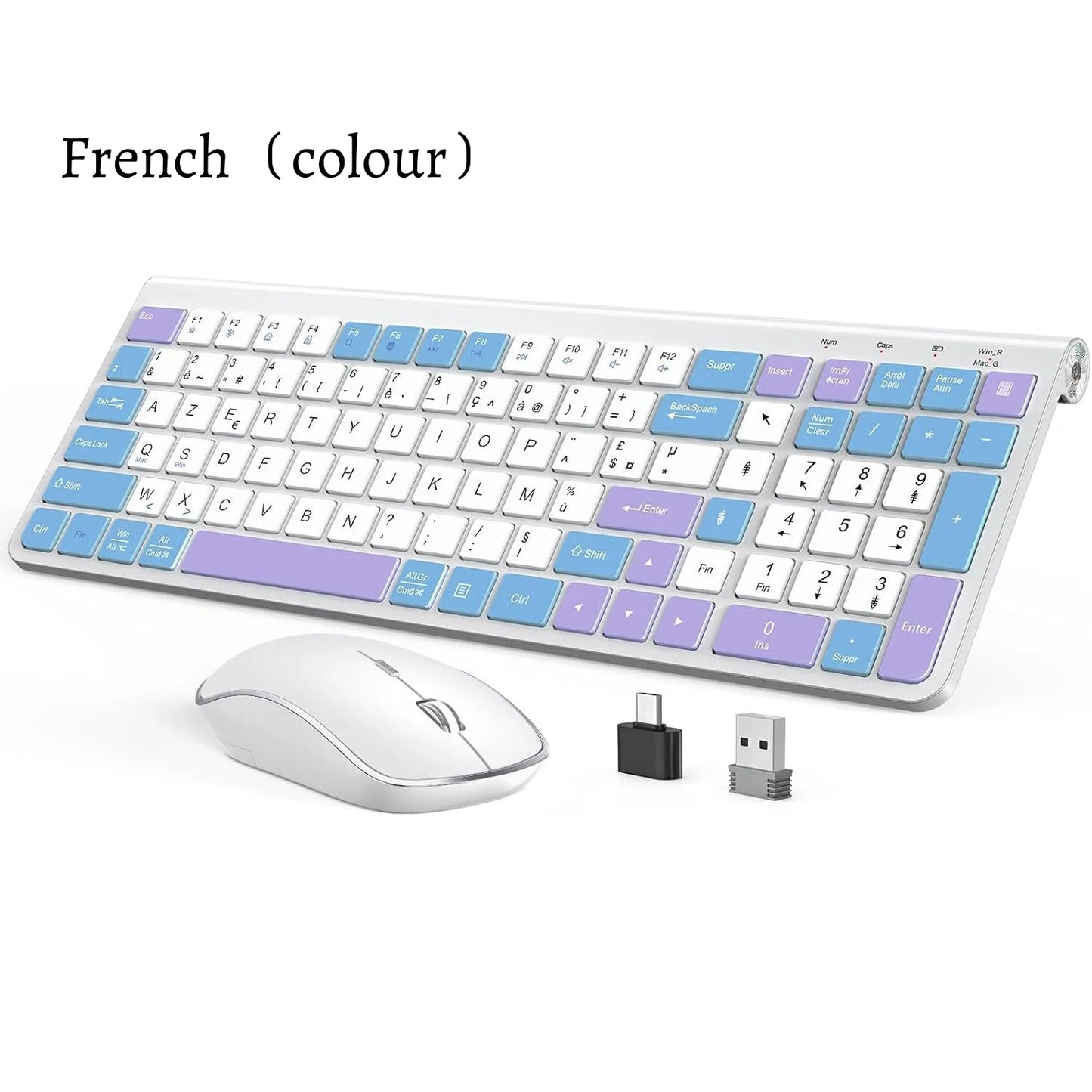 Ergonomic wireless keyboard and mouse, AZERTY, France, quiet and portable, including USB-A and USB-C ports, suitable for Mac/PC/