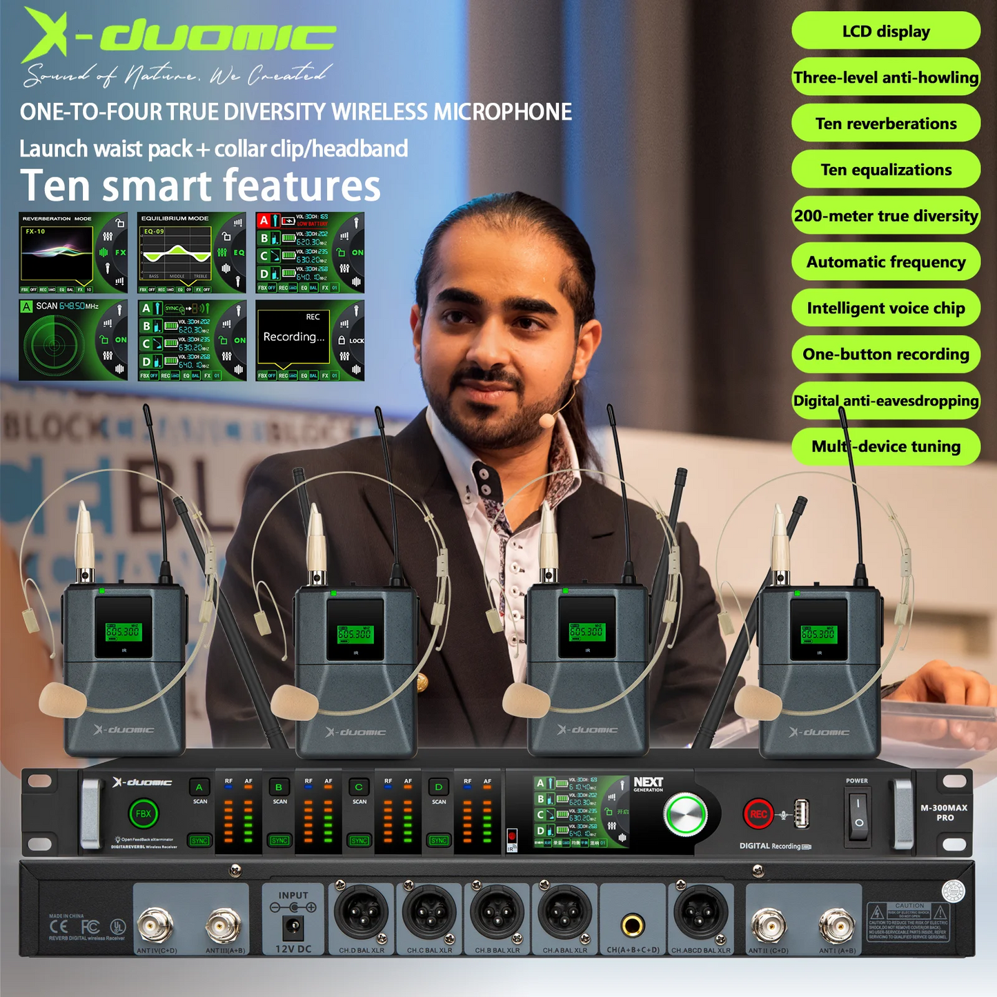 X-DUOMIC M300PRO true diversity one to four wireless microphone professional stage performance balanced reverb anti-howling