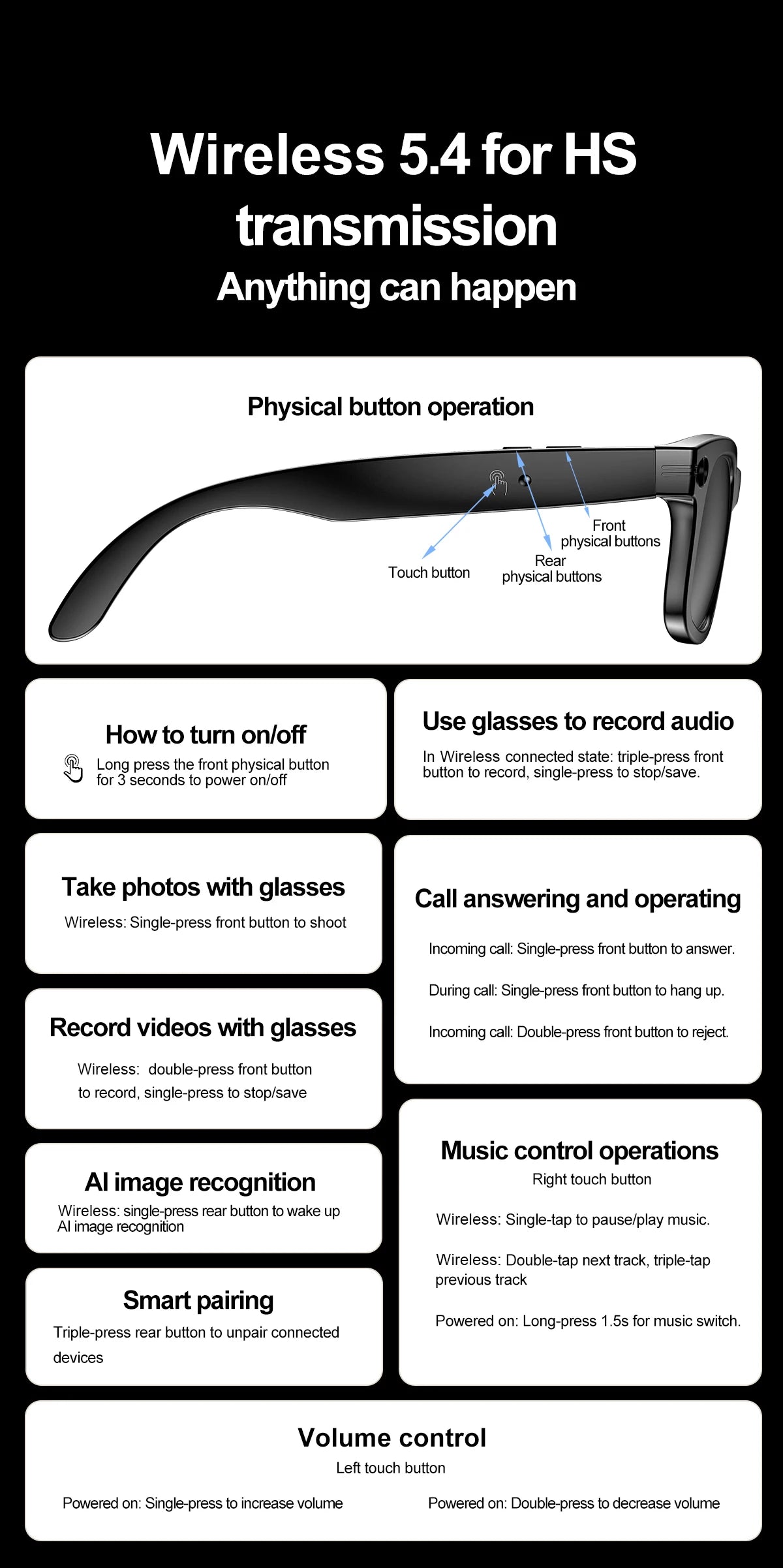 LIGE Smart Glasses 100W Pixel Camera Smart Glasses Camera Bluetooth Call Music Sunglasses AI Voice Assistant Video Sound Record