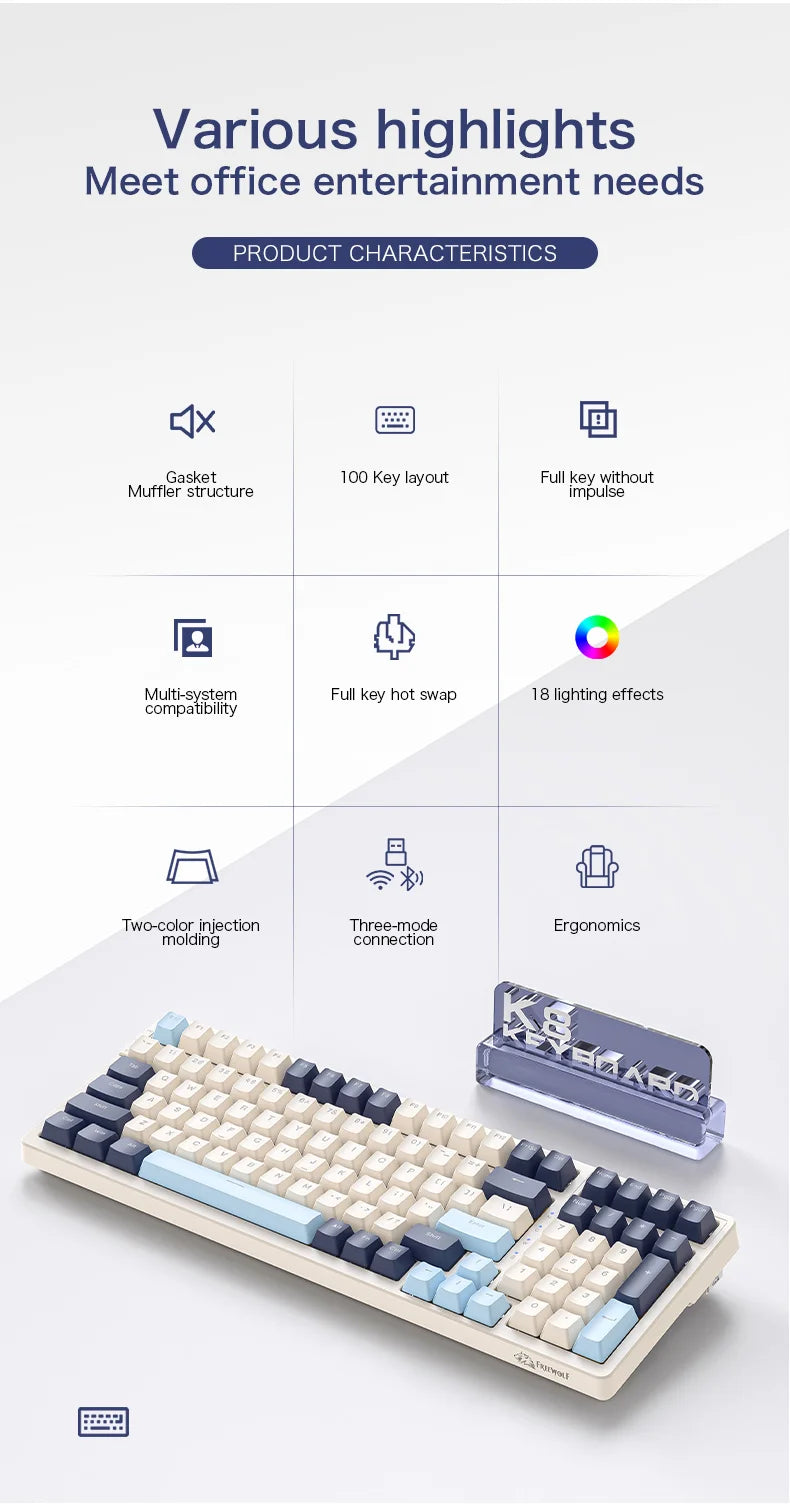 K8 100 Key Wireless Mechanical Keyboard Tri-mode Connection,Full Key Hot Swap,lighting Effects,Gasket Muffler Structure, Laptops