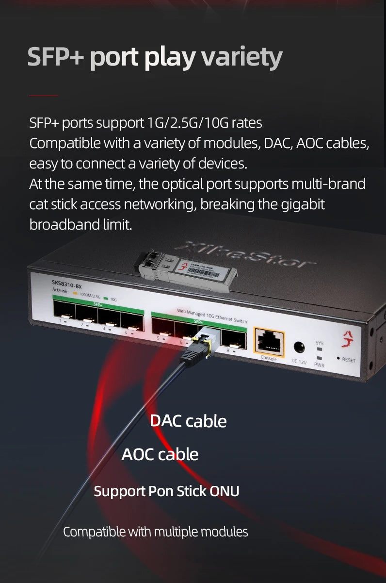 XikeStor 8 Ports 10G SFP+ L3 Managed Support DHCP/VLAN/Port Aggregation/Link Aggregation WEB/CLI Fan Heat Dissipation One-click