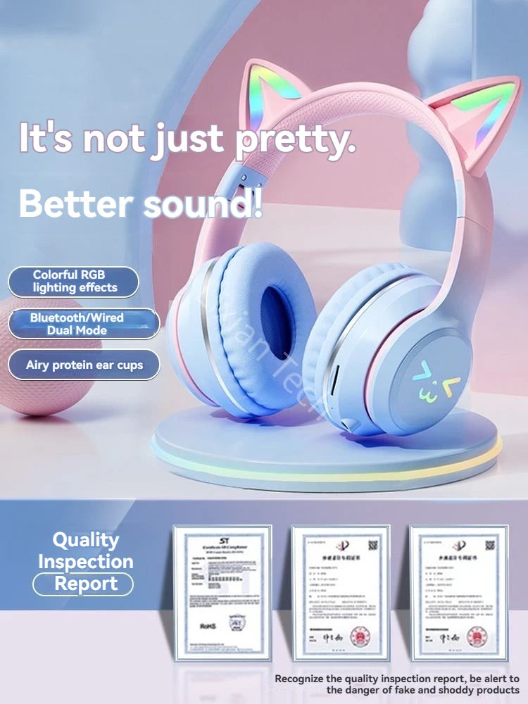 wireless Headphones RGB cute cat ear Bluetooth Earphones with microphone Stereo Music Game Earphone Girls Kids Gifts For XiaoMi