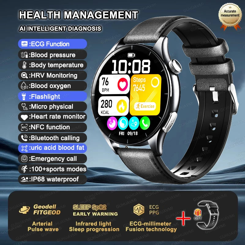 2025 New NFC  Health MonitorUric Acid Blood Pressure Blood oxygen Body Analysis Smart Watch ECG+PPG Clock Smartwatch Men lady