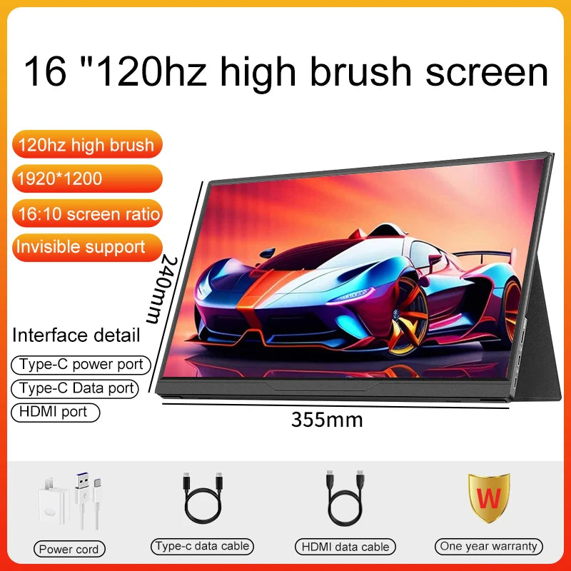 LANLIPU 16inch Portable Monitor 120HZ 1200P 16:10 100%sRGB HDR 400Cd/m² Game Display For Laptop Macbook Phone Switch Xbox PS4/5