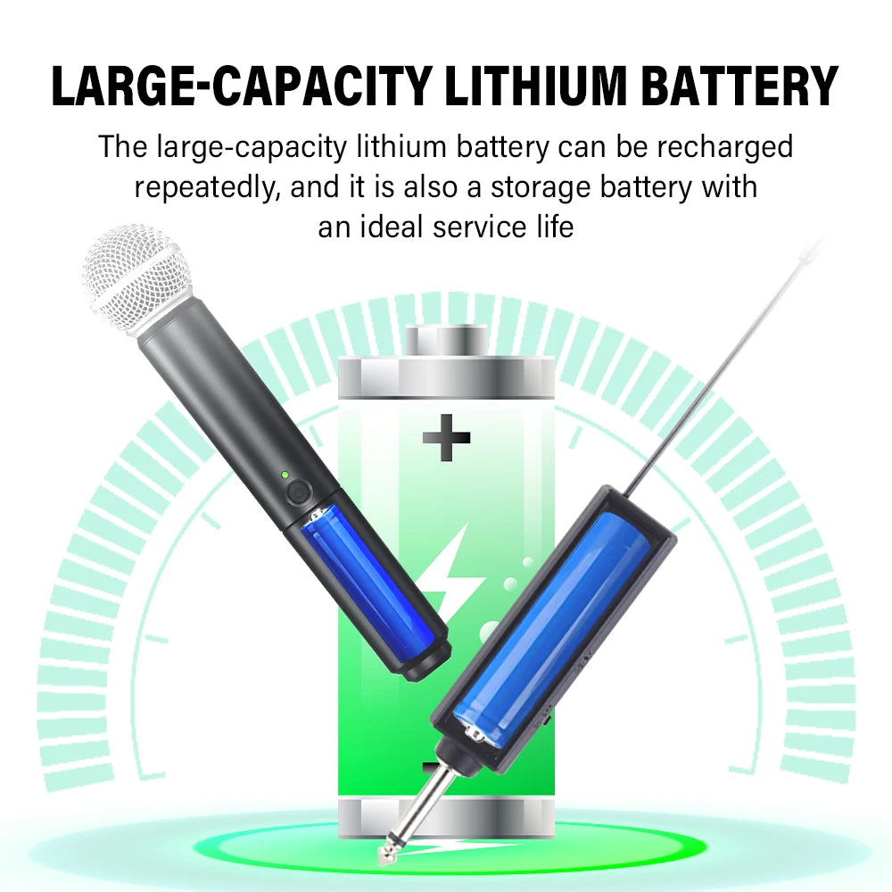 Professional 2 Channel UHF PG58 Wireless Microphone Dynamic Mic System with Rechargeable Receiver For Party Karaoke Show Meeting