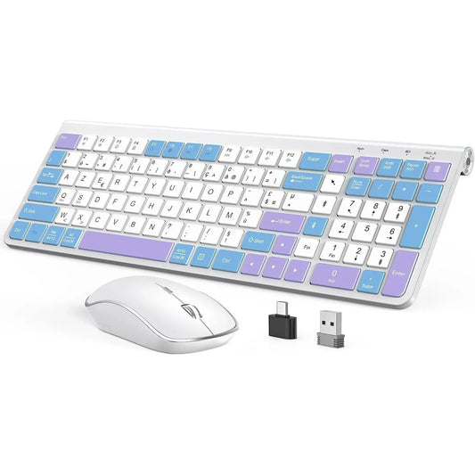 Ergonomic wireless keyboard and mouse, AZERTY, France, quiet and portable, including USB-A and USB-C ports, suitable for Mac/PC/