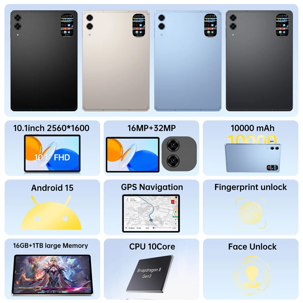 2025 Pad 7s Pro Tablet 10.1 inch Android 15 16GB+1TB 10000mAh Battery Tablets PC Global Version 5G WIFI Dual SIM Tab For Kids