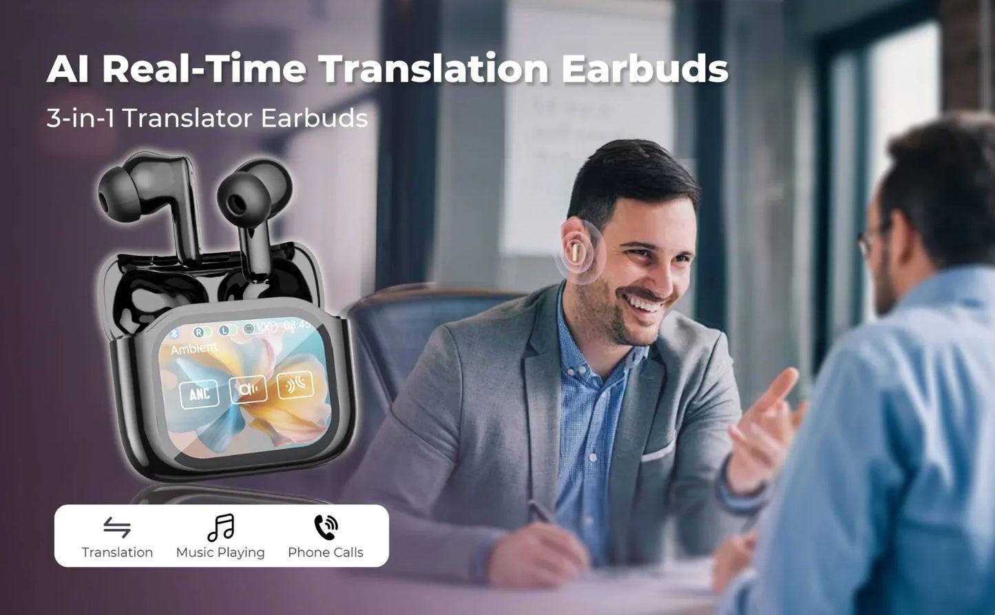 Touch Screen Translation Headphones 144 Languages Two-Way Real Time Translator Headsets Travel Business Bluetooth Earbuds