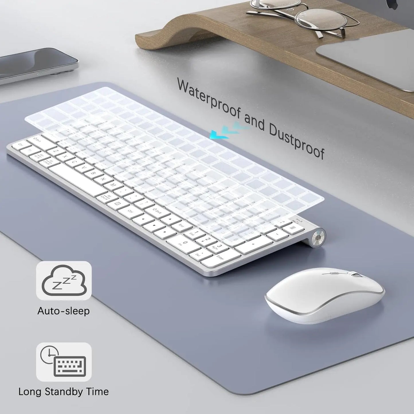 Ergonomic wireless keyboard and mouse, AZERTY, France, quiet and portable, including USB-A and USB-C ports, suitable for Mac/PC/