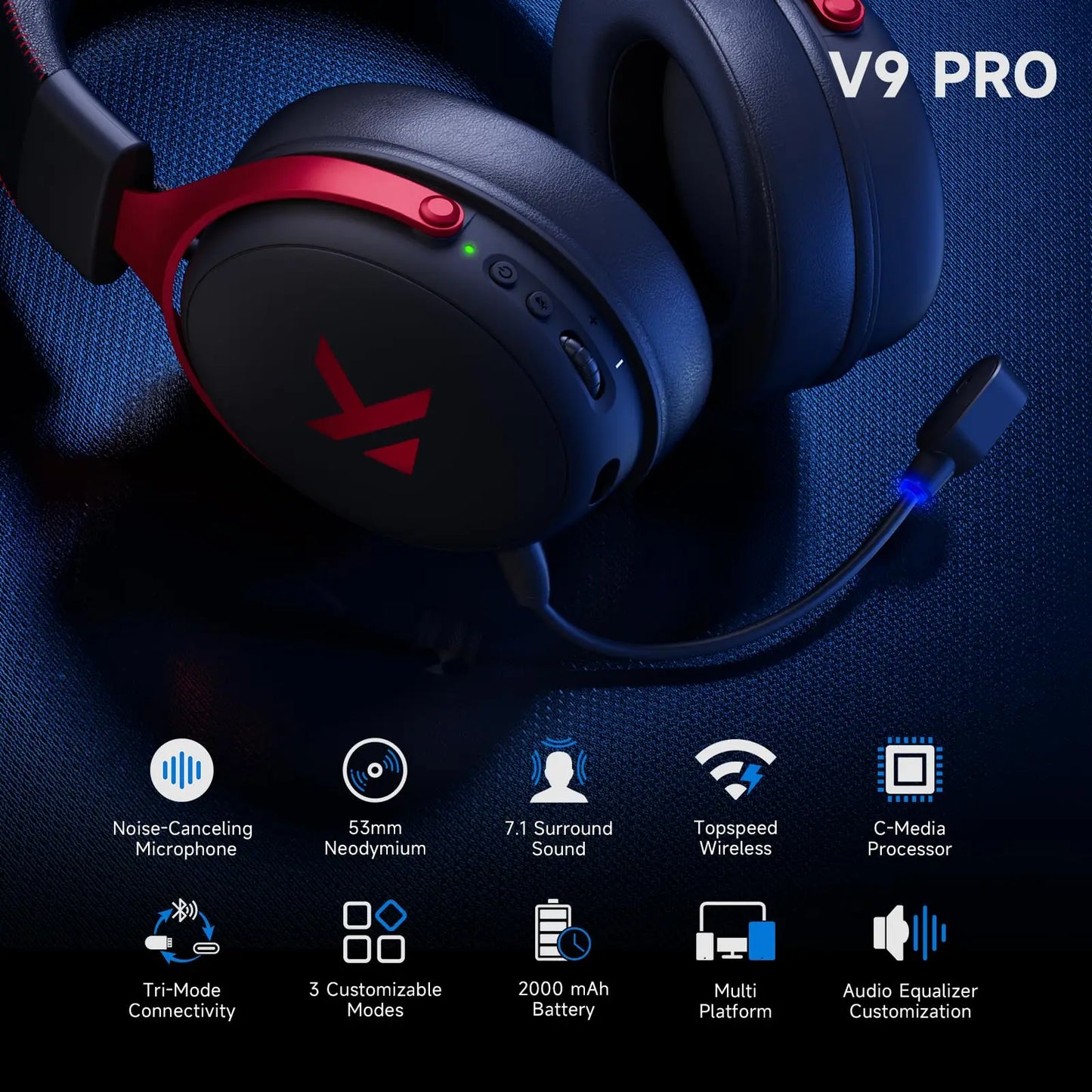 MCHOSE V9 Pro Wireless Gaming Headset Surround Sound Headphones Noise Canceling Mic Low Latency Lightweight for PS5 PC SWITCH