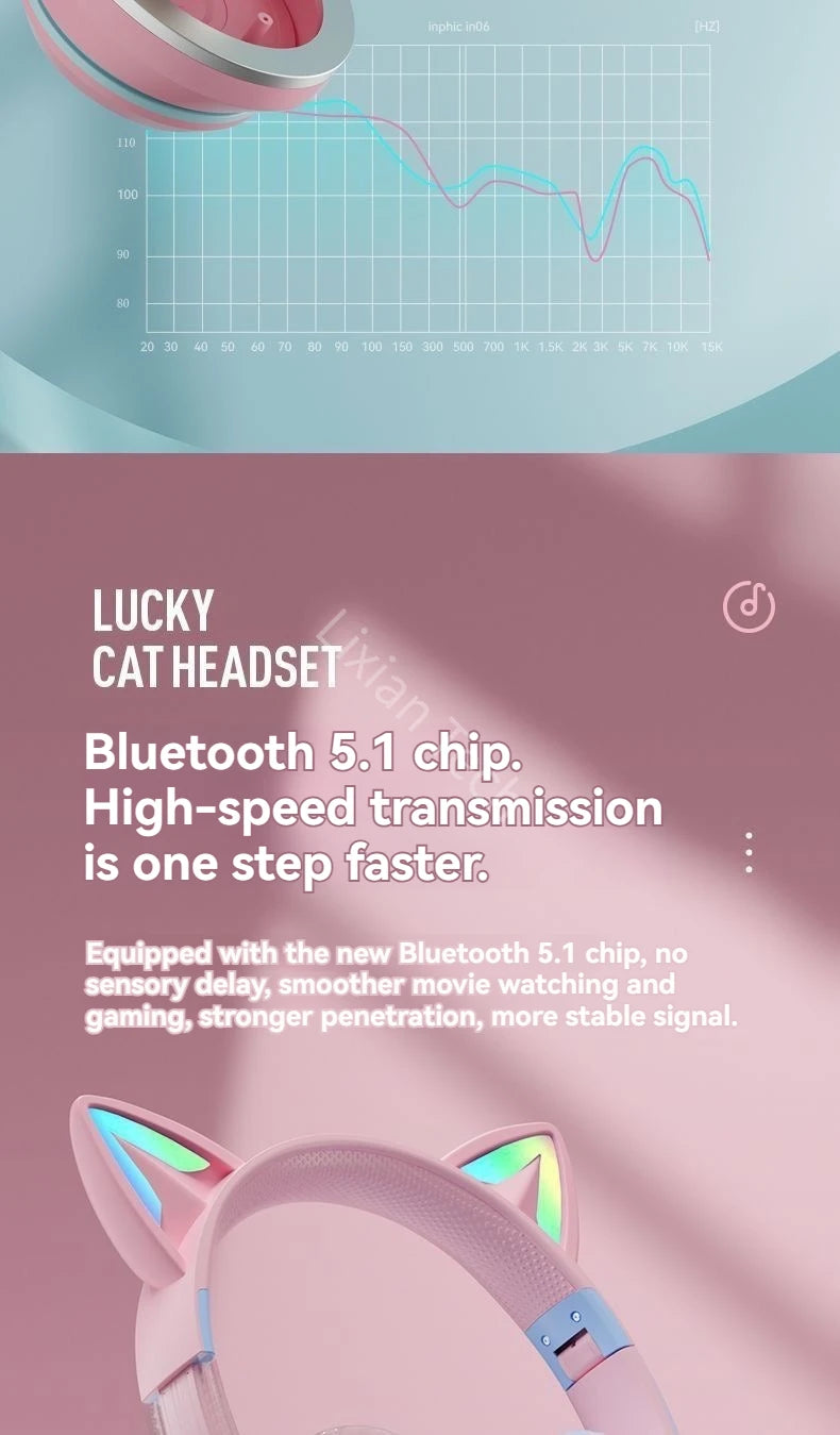 wireless Headphones RGB cute cat ear Bluetooth Earphones with microphone Stereo Music Game Earphone Girls Kids Gifts For XiaoMi