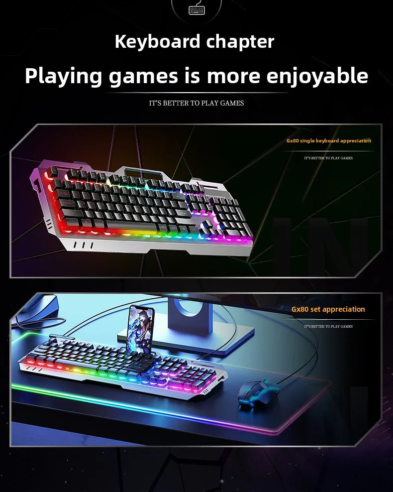 Gaming Wired Mechanical Keyboard Mouse Set Rainbow Glow Backlight 104 Keys Metal Panel Mechanical Keyboard for Laptop Desktop