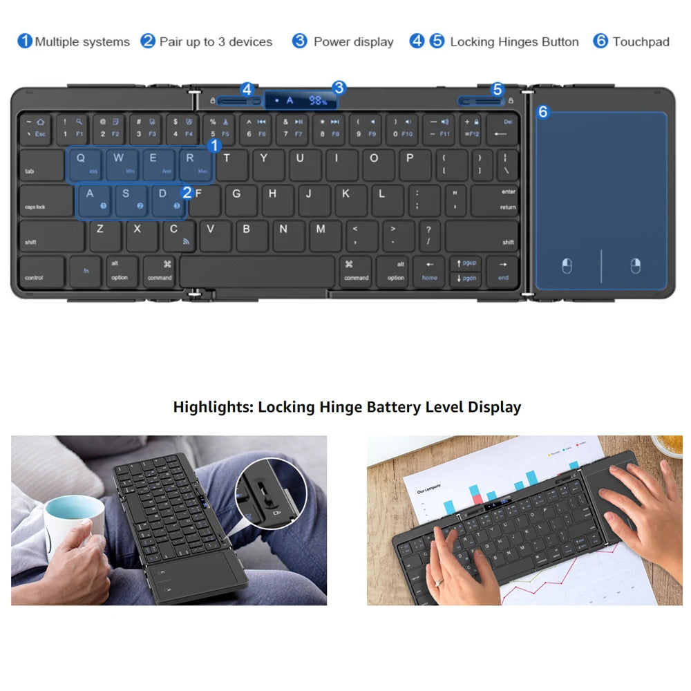 Jomaa Alloy Bluetooth Foldable Keyboard Battery Level Display Rechargeable Wireless Folding Keyboard with Touchpad for Laptop