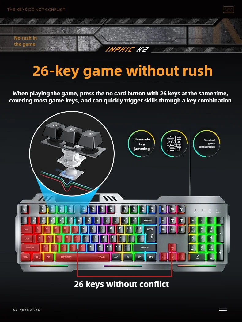 K2 Wired Keyboard Mouse Set Metal Panel RGB Backlight Waterproof Ergonomic Multimedia Buttons 104 Keys Keyboard for Game Office