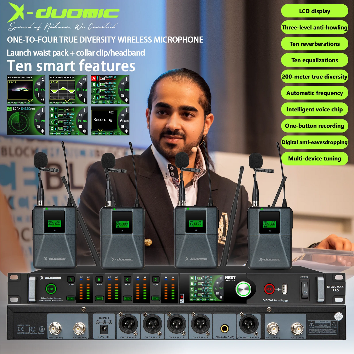 X-DUOMIC M300PRO true diversity one to four wireless microphone professional stage performance balanced reverb anti-howling