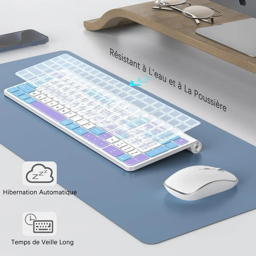 Ergonomic wireless keyboard and mouse, AZERTY, France, quiet and portable, including USB-A and USB-C ports, suitable for Mac/PC/