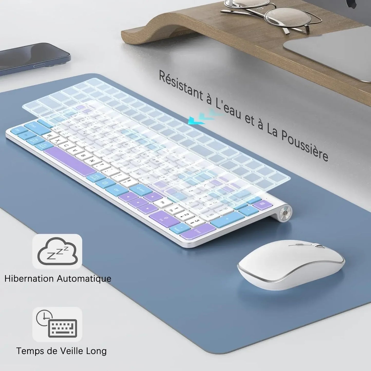 Ergonomic wireless keyboard and mouse, AZERTY, France, quiet and portable, including USB-A and USB-C ports, suitable for Mac/PC/