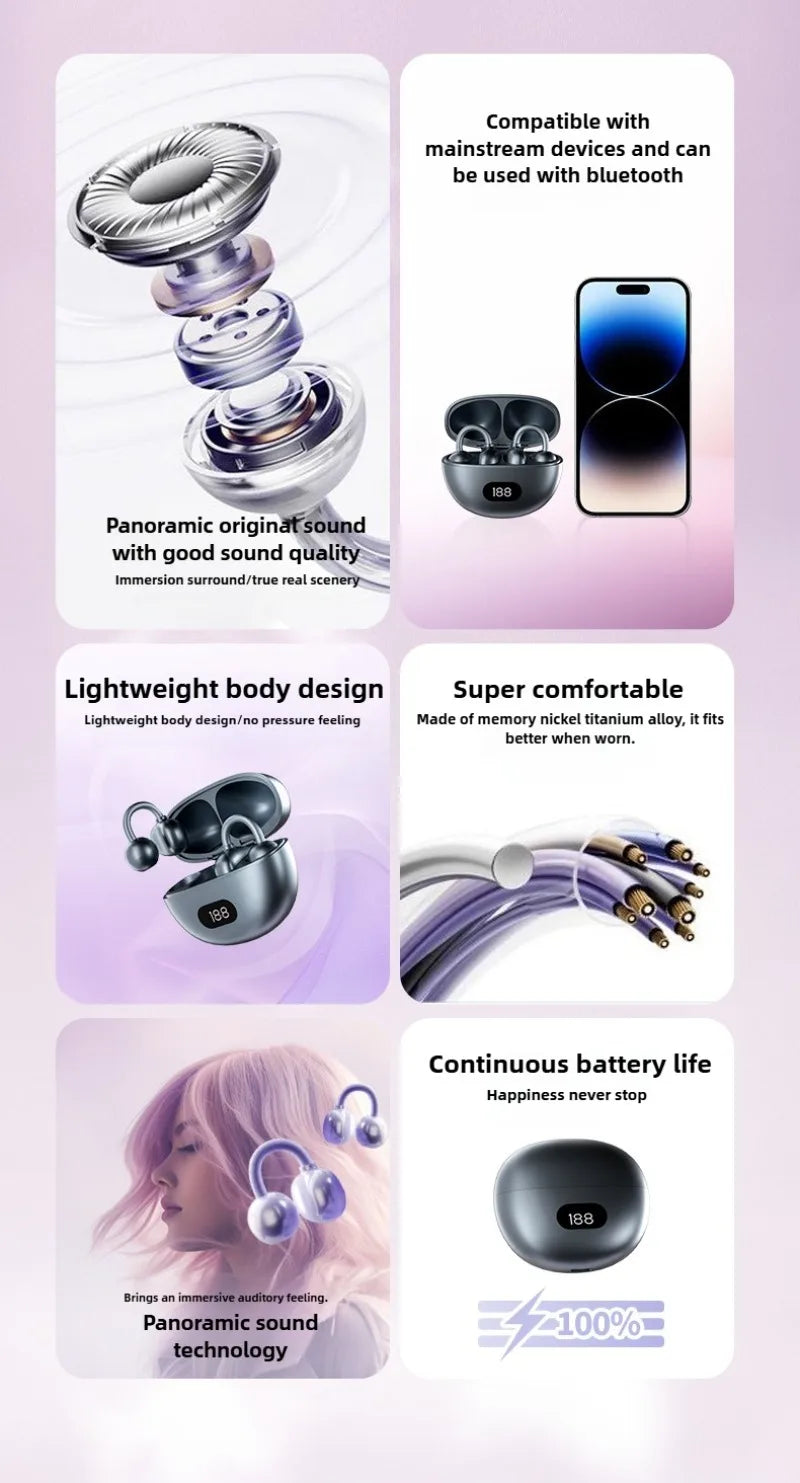 Open Ear Wireless Earphones 144 language Real Time Translator Ear Clip Earbuds Bluetooth Clip On OWS Sports Headphones HD Call