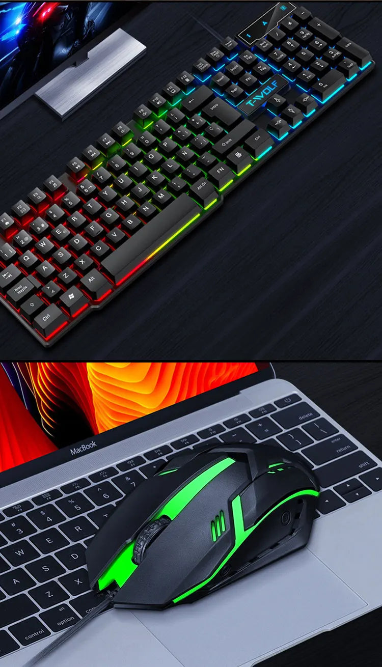 T20 Wired Keyboard Mouse Set 104 Keys RGB Blacklight Multi-function Shortcut USB Wired Gaming Keyboard English Russian Spanish