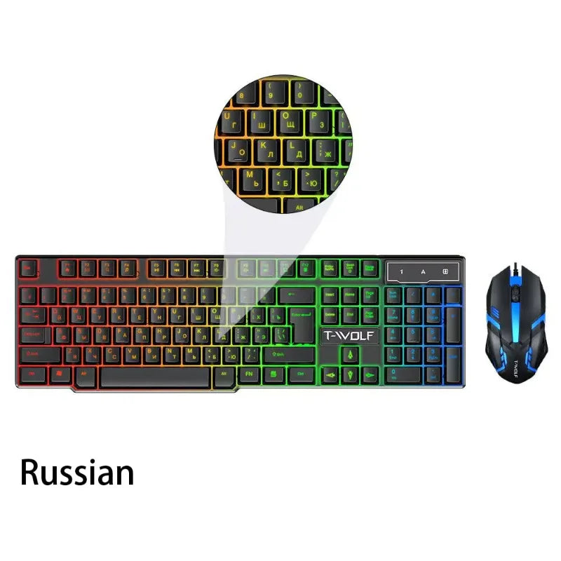 T20 Wired Keyboard Mouse Set 104 Keys RGB Blacklight Multi-function Shortcut USB Wired Gaming Keyboard English Russian Spanish
