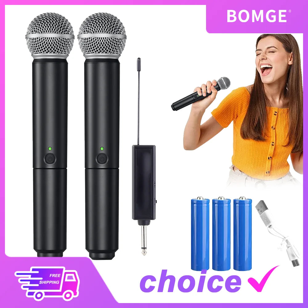 Professional 2 Channel UHF PG58 Wireless Microphone Dynamic Mic System with Rechargeable Receiver For Party Karaoke Show Meeting