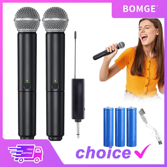 Professional 2 Channel UHF PG58 Wireless Microphone Dynamic Mic System with Rechargeable Receiver For Party Karaoke Show Meeting