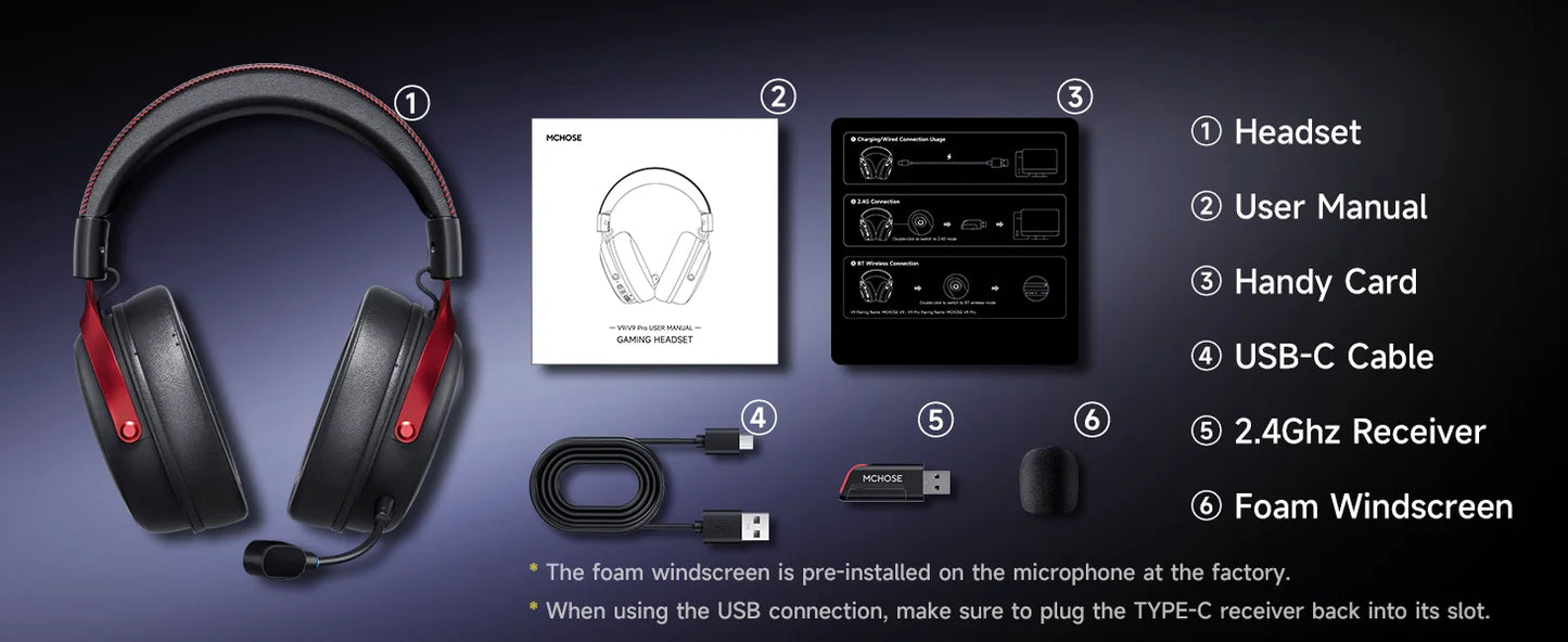 MCHOSE V9 Pro Wireless Gaming Headset Surround Sound Headphones Noise Canceling Mic Low Latency Lightweight for PS5 PC SWITCH