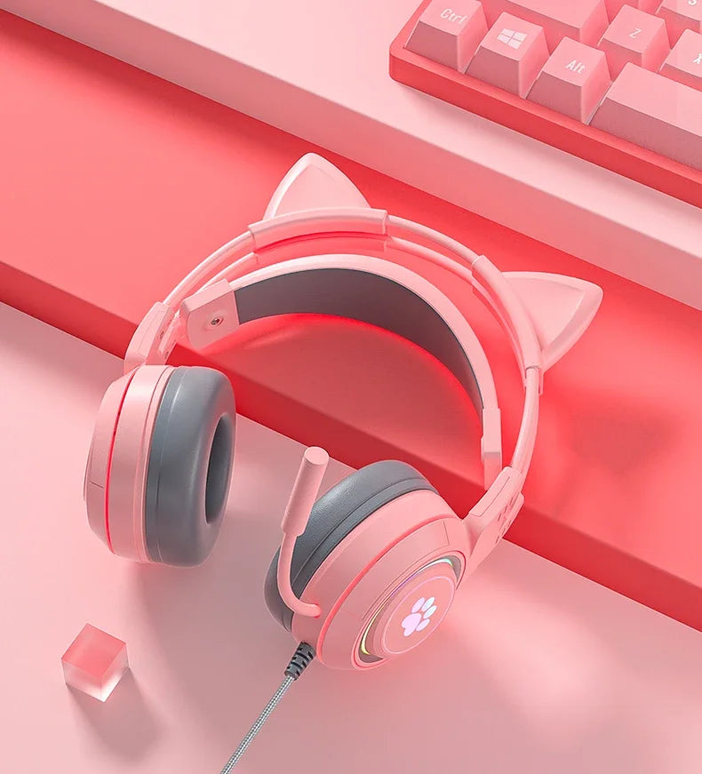 Cat Ears Headphones with Microphone For PS5 HiFi Stereo Bass Headset Gamer Girls RGB Black Pink Helmet for PC Laptop Phone Xbox