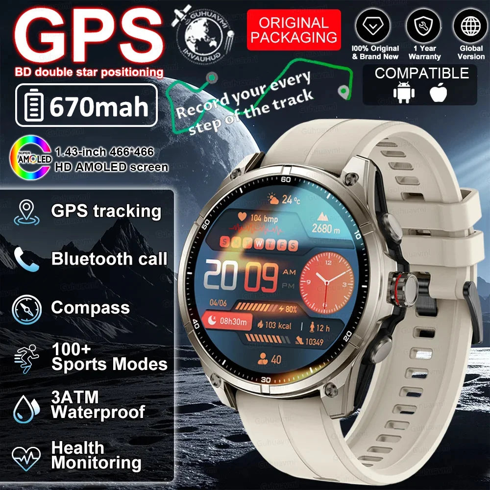 New GUHAUVMI GPS 670mAh Large Battery Durable Adult Smart Watch GPS Compass Altimeter Waterproof BT Call Sports Smartwatch Men