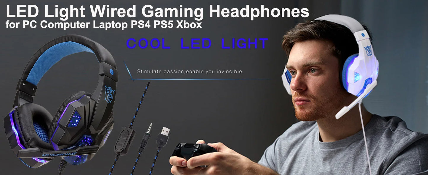 New Gaming Headphones Headset With LED Light Deep Bass Stereo Wired Gamer Earphone Mic for PS4 Xbox PC Laptop Phone One Switch
