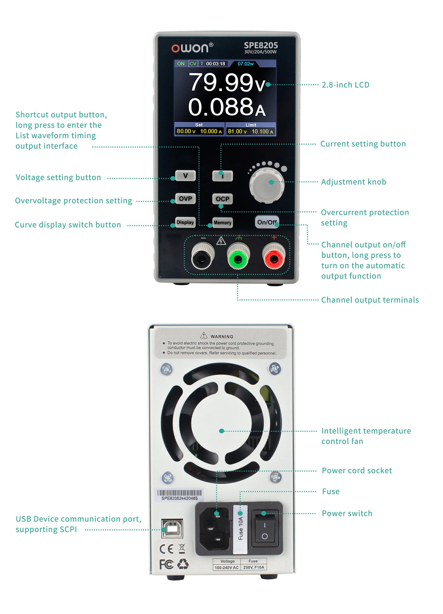 OWON SPE8205 SPE8105 Programmable DC Power Supply, 80V 10/20A 500W Portable Laboratory Power Supply List Waveform Editing Output
