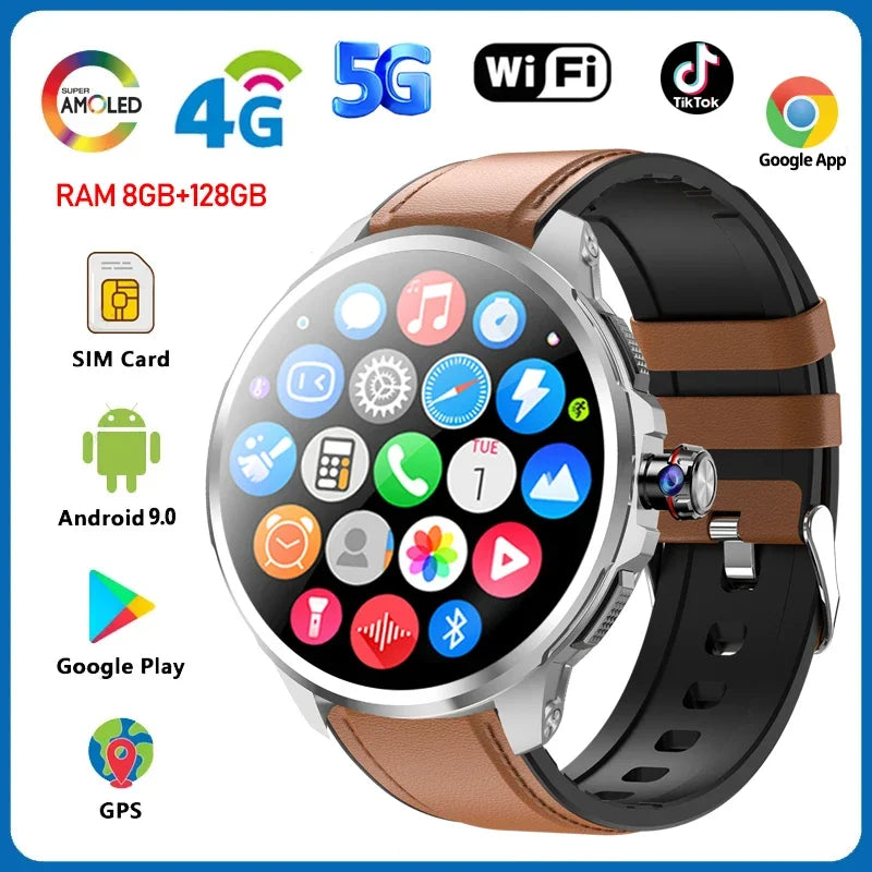 5G/4G Full Network Smart Watch 1.95 inch 720*720 Big Screen HD 8GB+128GB RAM Video Call Smartwatch Google Play WIFI GPS Sim Card