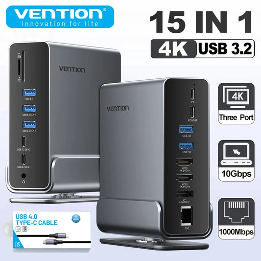 Vention 15 in 1 USB C Docking Station 4K HDMI Triple Monitor Hub USB 3.2 10Gbps RJ45 1000M 100W for Windows PC Laptop HP MacBook