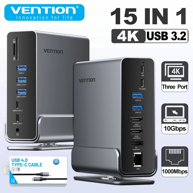 Vention 15 in 1 USB C Docking Station 4K HDMI Triple Monitor Hub USB 3.2 10Gbps RJ45 1000M 100W for Windows PC Laptop HP MacBook